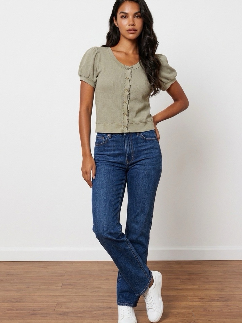 American Rag Olive Green Ribbed Puff-Sleeve Button-Up Top